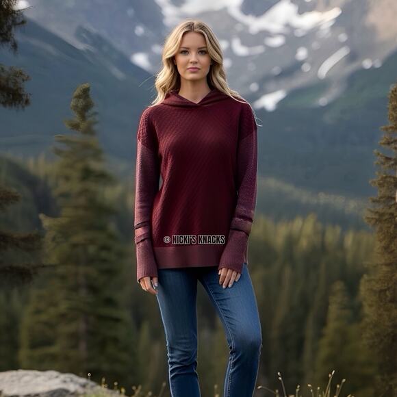 Smartwool Burgundy Hooded Sweater Shadow Pine Pullover Textured Knit Size XS - Picture 10 of 11